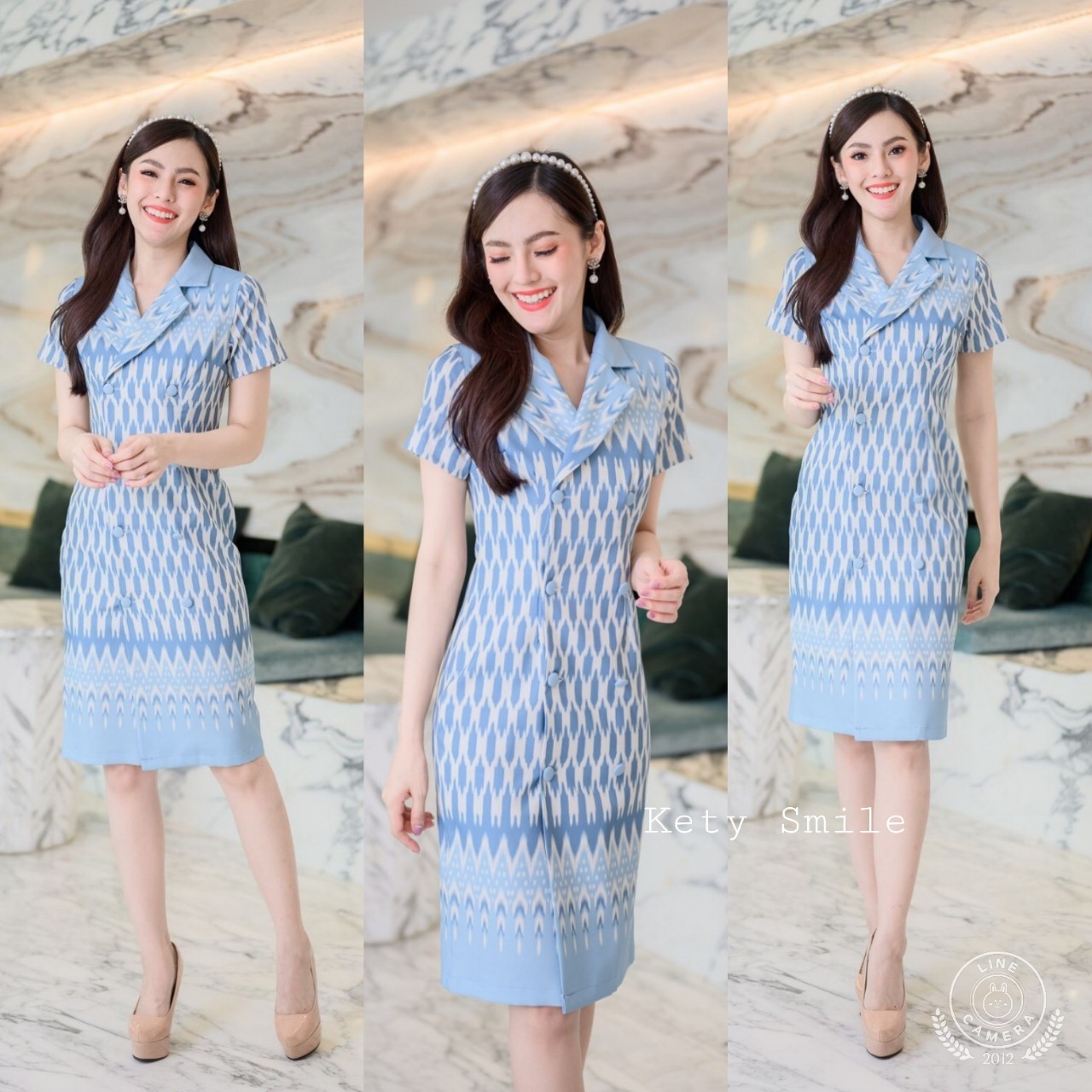 SPC09 สีฟ้า 1 ชุดเดรสงานป้ายผ้าไหมญี่ปุ่นทรงสูท สีฟ้า