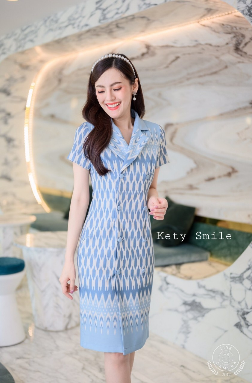 SPC09 สีฟ้า 2 ชุดเดรสงานป้ายผ้าไหมญี่ปุ่นทรงสูท สีฟ้า