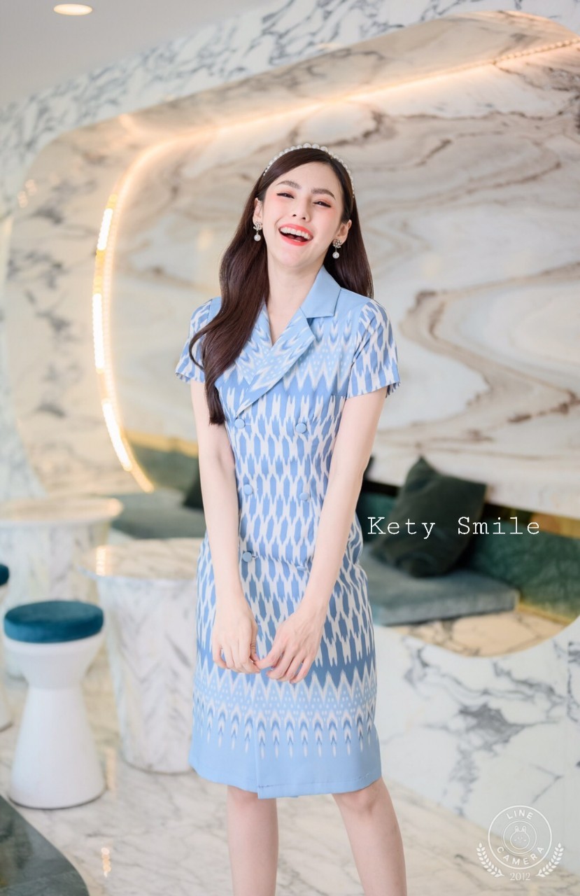 SPC09 สีฟ้า 3 ชุดเดรสงานป้ายผ้าไหมญี่ปุ่นทรงสูท สีฟ้า