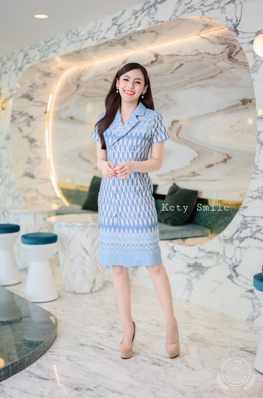 SPC09 สีฟ้า 4 ชุดเดรสงานป้ายผ้าไหมญี่ปุ่นทรงสูท สีฟ้า