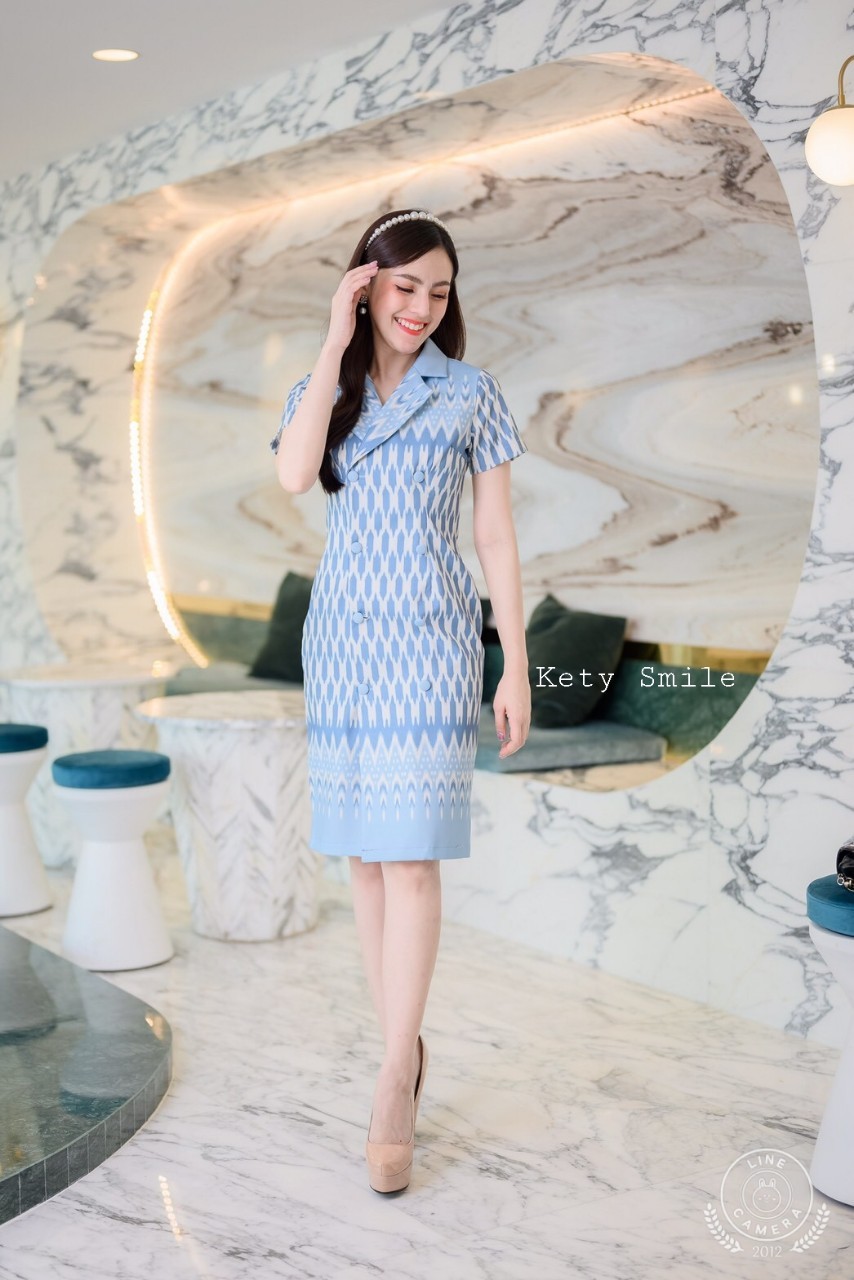 SPC09 สีฟ้า 6 ชุดเดรสงานป้ายผ้าไหมญี่ปุ่นทรงสูท สีฟ้า