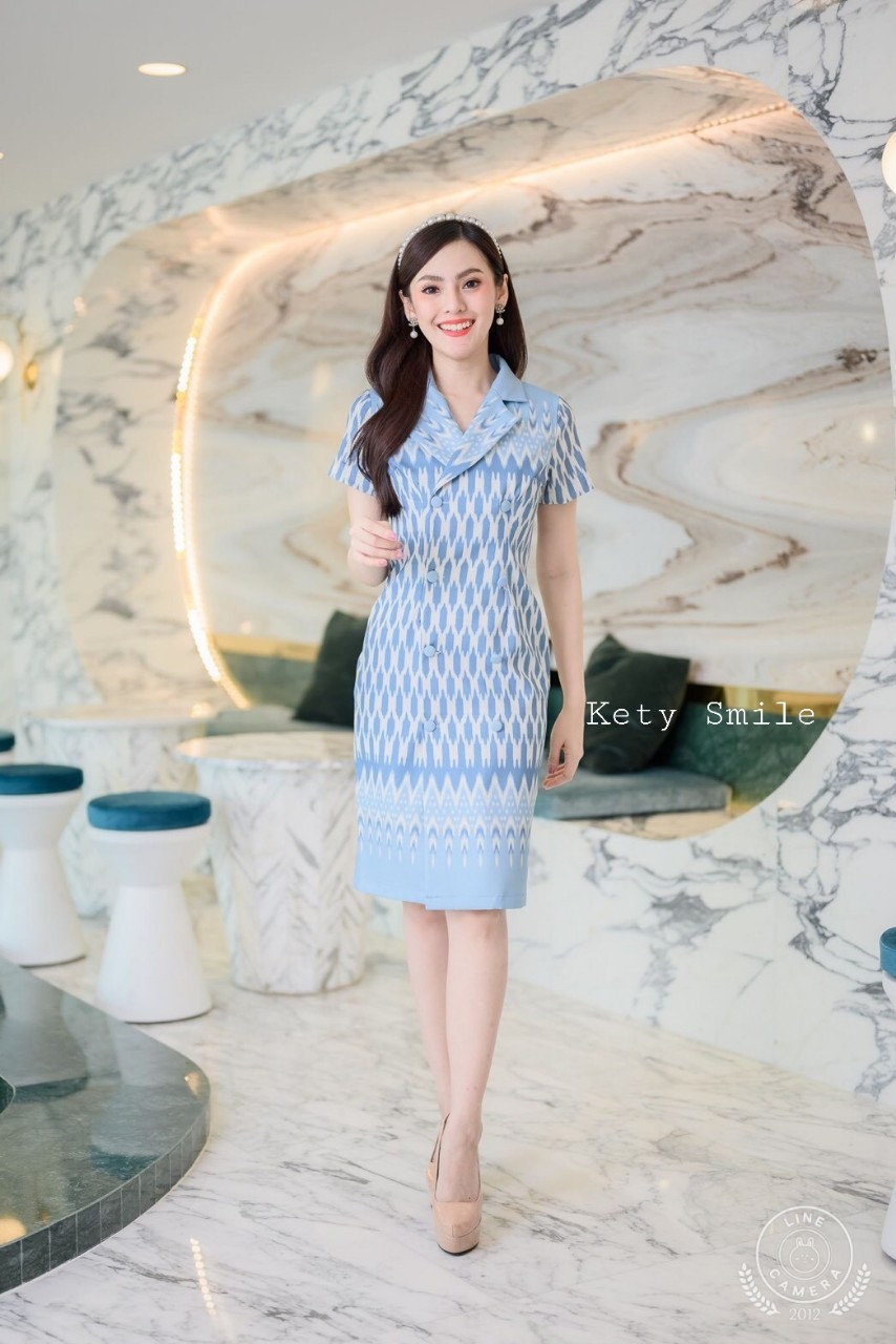 SPC09 สีฟ้า 7 ชุดเดรสงานป้ายผ้าไหมญี่ปุ่นทรงสูท สีฟ้า
